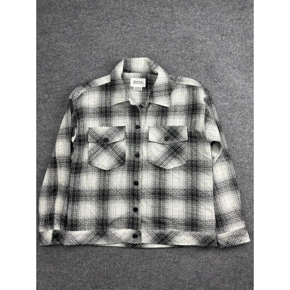 Boston Traders Shirt Womens Medium Black Gray Plaid Flannel Button Front Shacket